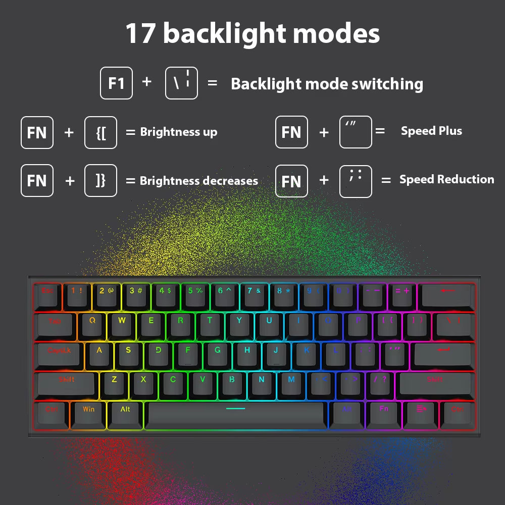 61-Key Wired USB Mechanical Keyboard with 17 RGB Lighting Modes for Computer and Laptop - Available in Red, Blue, and Brown Switches