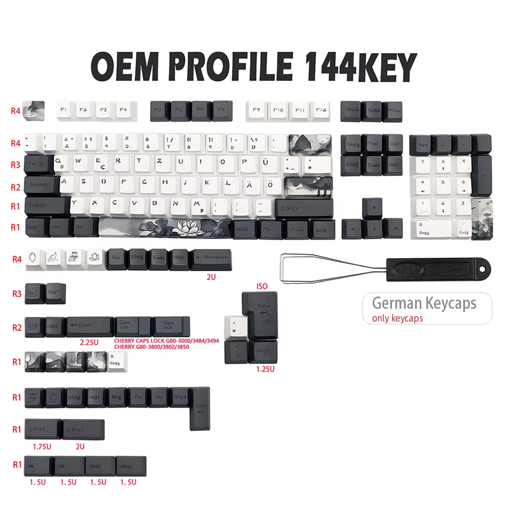 German, French, and Spanish Ink Lotus PBT Keycaps - OEM Profile Dye Sublimation for GK61, RK61, 68, 980, 108 QWERTZ and AZERTY MX Keyboards