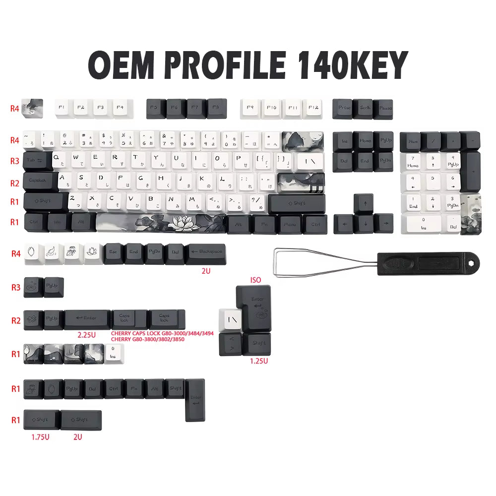 German, French, and Spanish Ink Lotus PBT Keycaps - OEM Profile Dye Sublimation for GK61, RK61, 68, 980, 108 QWERTZ and AZERTY MX Keyboards