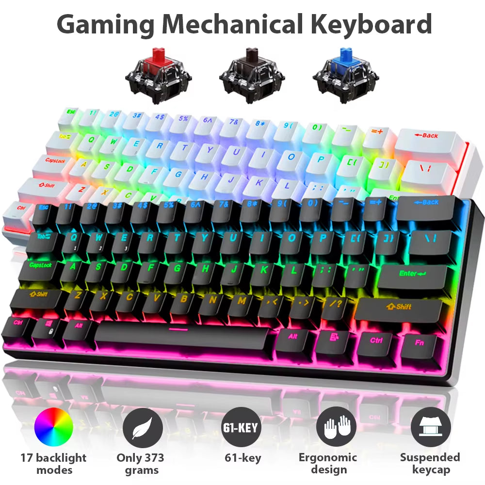 61-Key Wired USB Mechanical Keyboard with 17 RGB Lighting Modes for Computer and Laptop - Available in Red, Blue, and Brown Switches