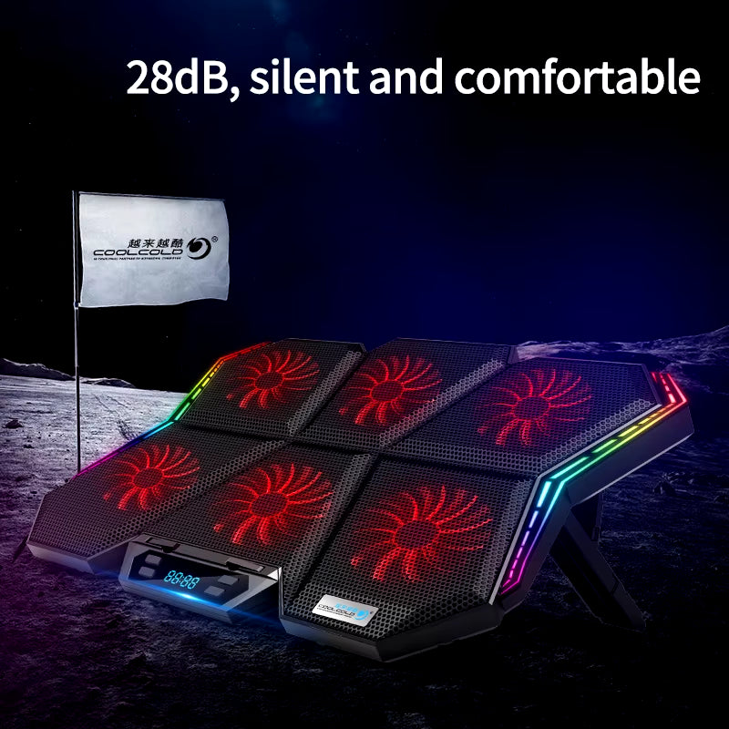 RGB Laptop Cooling Pad for 12-17 Inch Laptops with LED Display, Six Fans, and Dual USB Ports