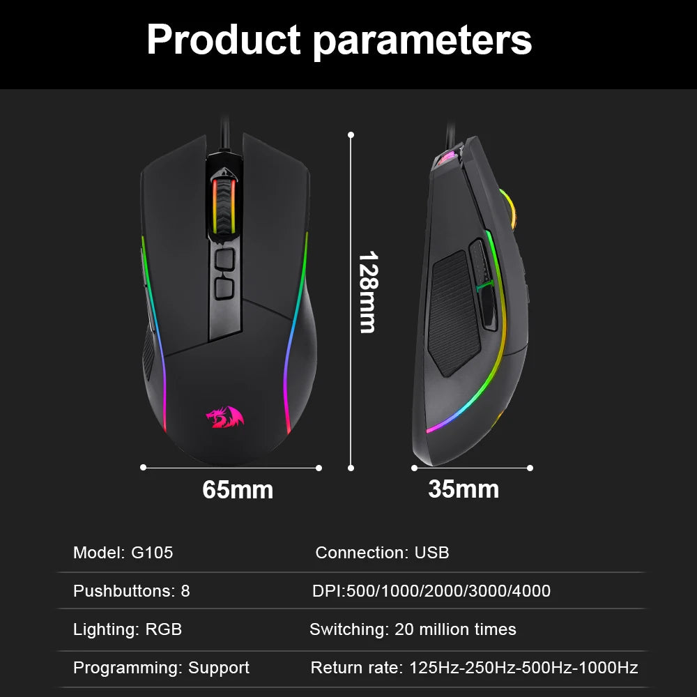 Lonewolf G105 RGB Wired Gaming Mouse - 8000 DPI, 8 Programmable Buttons, Ergonomic Design for PC and Laptop Gamers