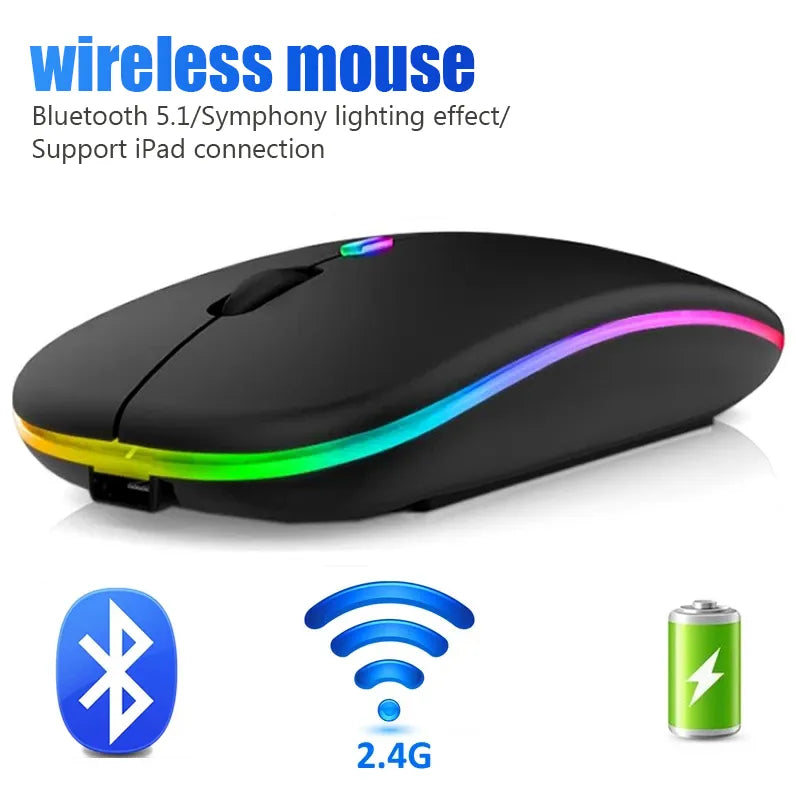 Bluetooth RGB Wireless Mouse for Laptop and PC - Rechargeable, Silent Operation, LED Backlit, Ergonomic Design for Gaming