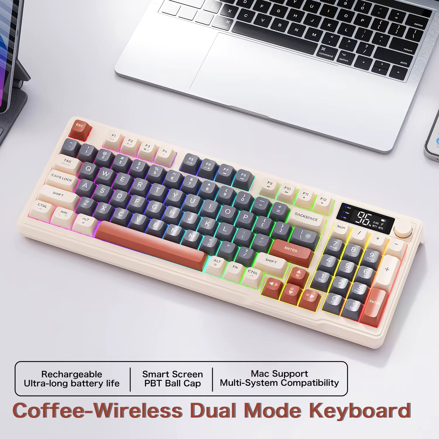 M96 Bluetooth Keyboard Wireless  Screen Gaming Keyboard,Electronic Screen, Multi-Device Connection,Ergonomics Gaming
