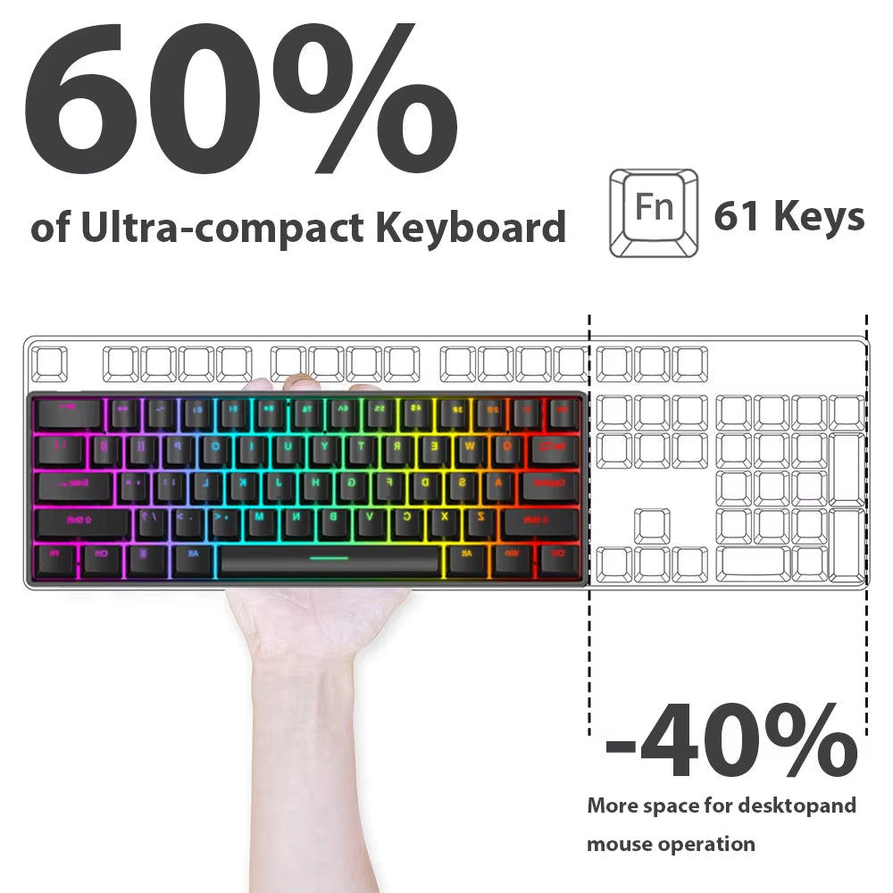 61-Key Wired USB Mechanical Keyboard with 17 RGB Lighting Modes for Computer and Laptop - Available in Red, Blue, and Brown Switches