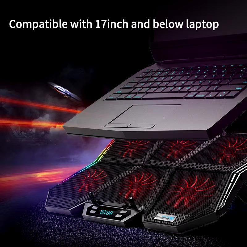 RGB Laptop Cooling Pad for 12-17 Inch Laptops with LED Display, Six Fans, and Dual USB Ports