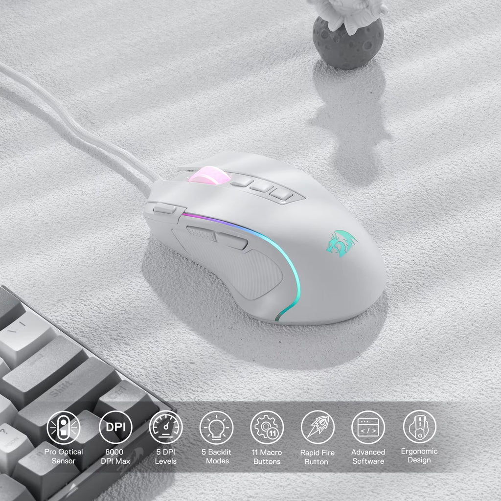 M612 Predator RGB Gaming Mouse 8000 DPI Wired Optical with 11 Programmable Buttons, White