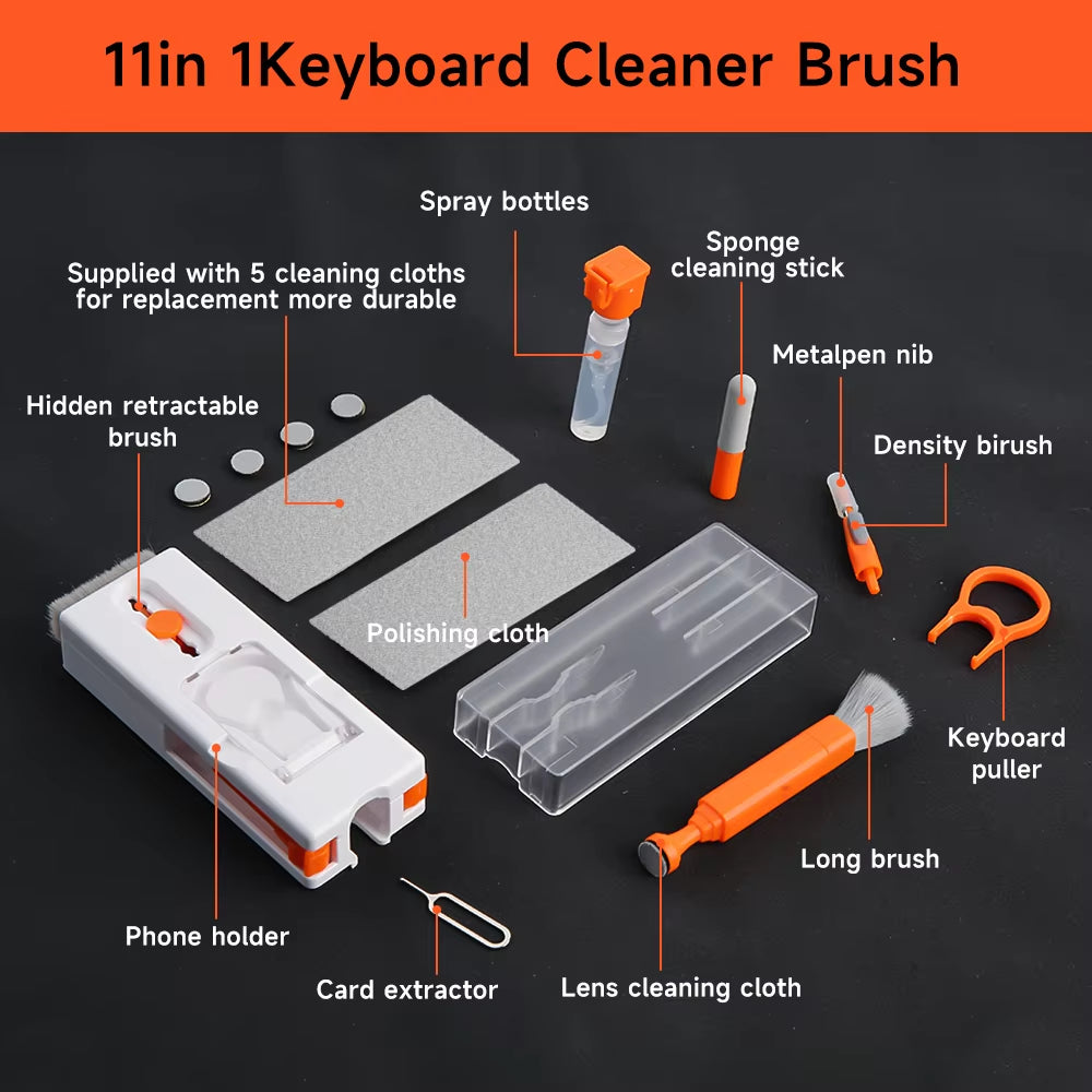 11-in-1 Comprehensive Computer Cleaning Kit with Bluetooth Earphone Cleaner, Keyboard Brush, Camera Brush, SIM Card Ejector, Keycap Puller, and Phone Holder