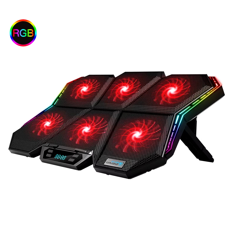 RGB Laptop Cooling Pad for 12-17 Inch Laptops with LED Display, Six Fans, and Dual USB Ports