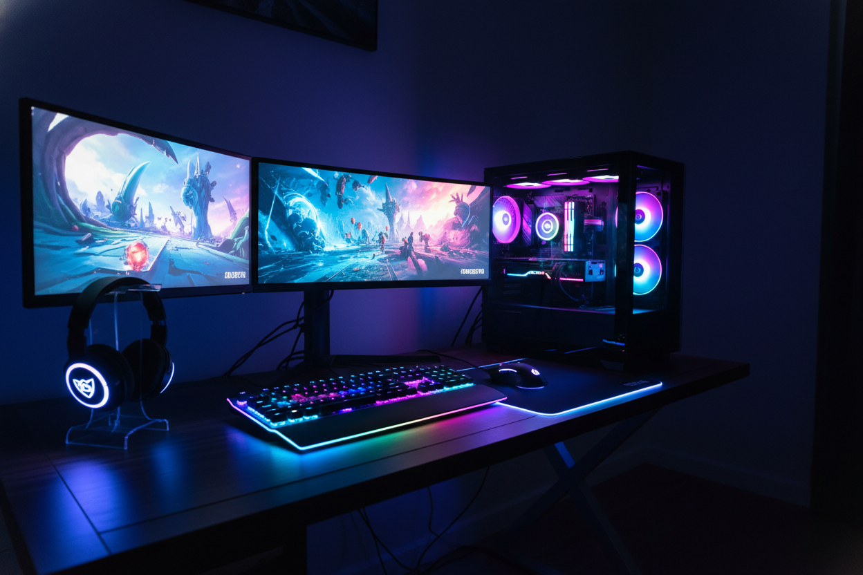a PC gaming setup on a desk with RGB, bright and exciting