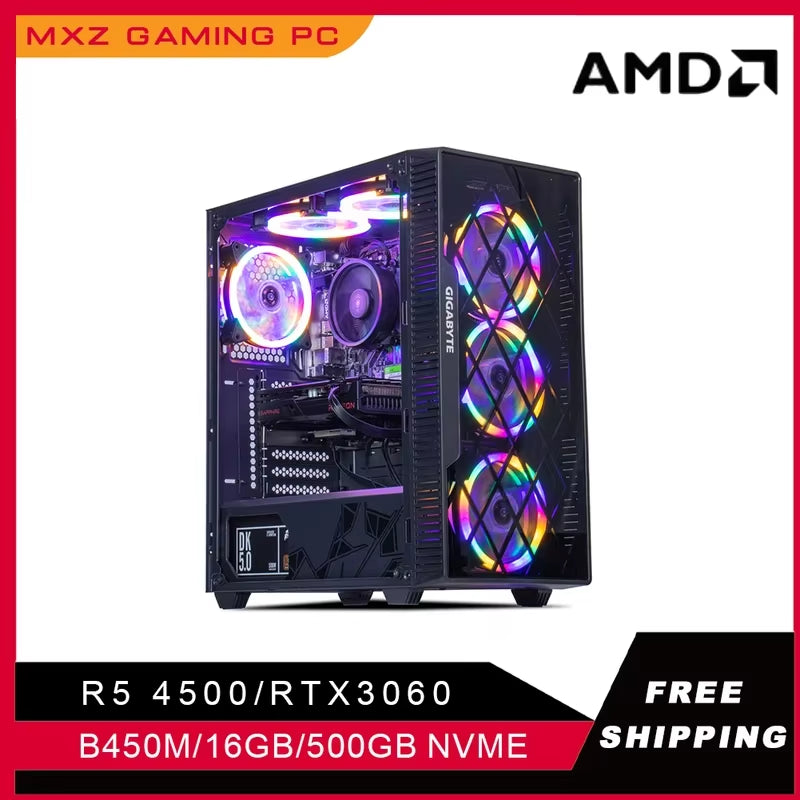 Custom Gaming PC with Ryzen 5 4500, RTX 3060, 500GB NVMe, Windows 10 Pro - Tailored Desktop Solution for Gamers