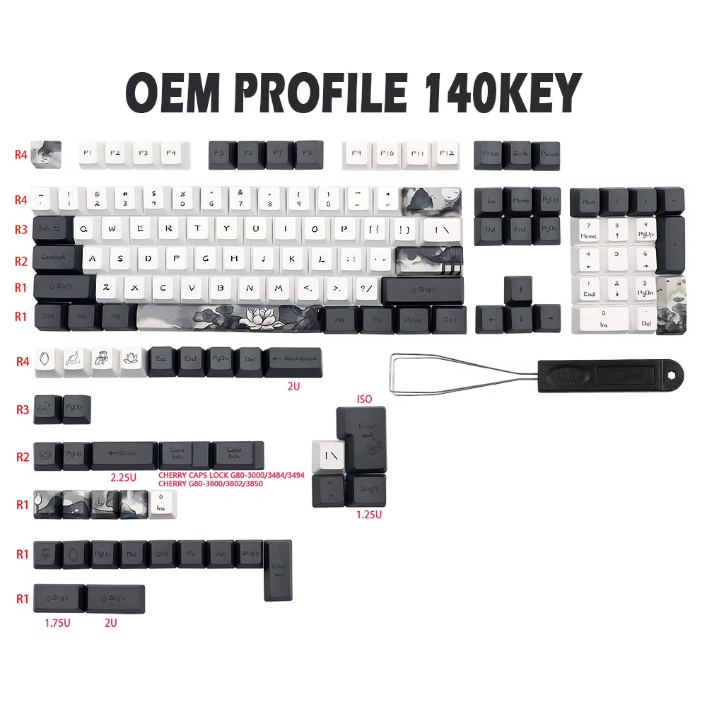 German, French, and Spanish Ink Lotus PBT Keycaps - OEM Profile Dye Sublimation for GK61, RK61, 68, 980, 108 QWERTZ and AZERTY MX Keyboards