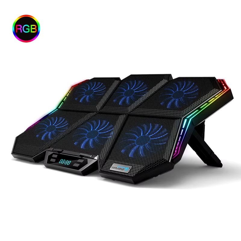 RGB Laptop Cooling Pad for 12-17 Inch Laptops with LED Display, Six Fans, and Dual USB Ports