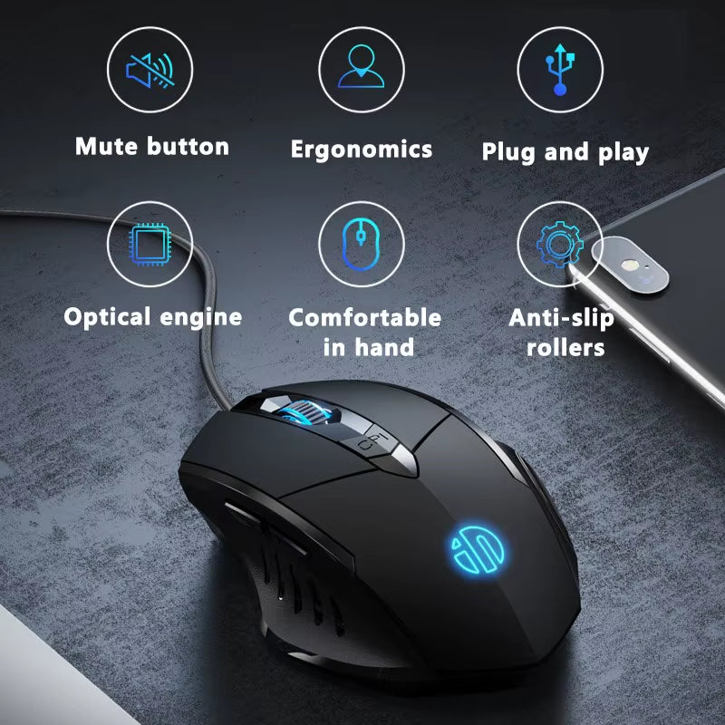 W1 Wired Gaming Mouse - Silent Office Mouse with Optional Three or Six Key Configuration