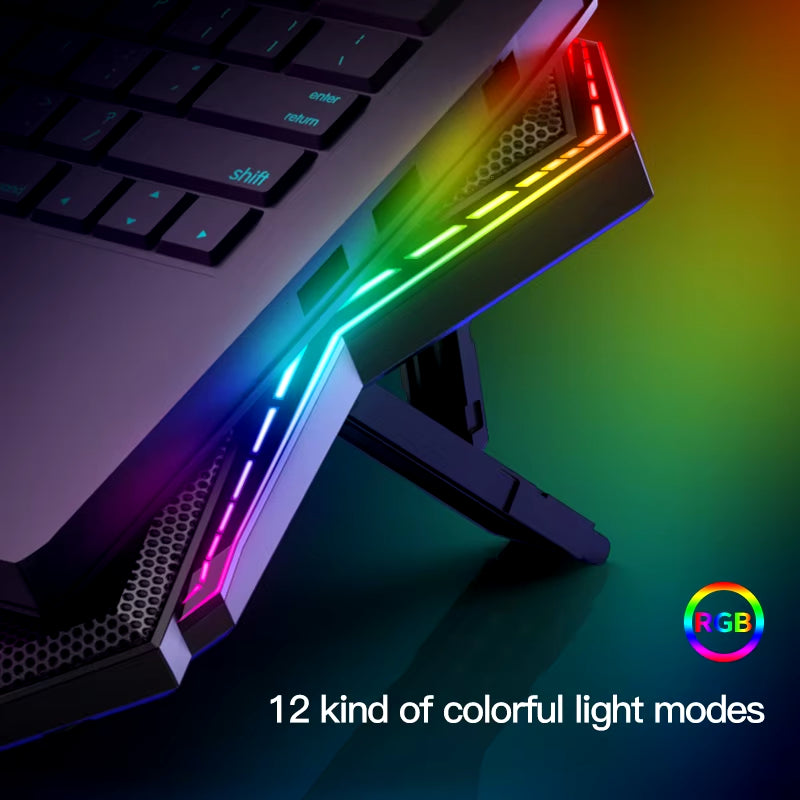 RGB Laptop Cooling Pad for 12-17 Inch Laptops with LED Display, Six Fans, and Dual USB Ports