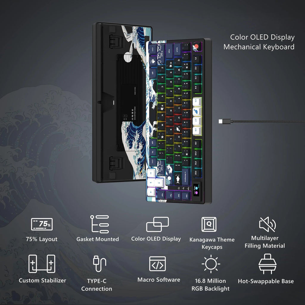 Wired Mechanical Gaming Keyboard with OLED Display, Fully Hot-Swappable Keys, and Pudding RGB Backlighting for PC and Laptop