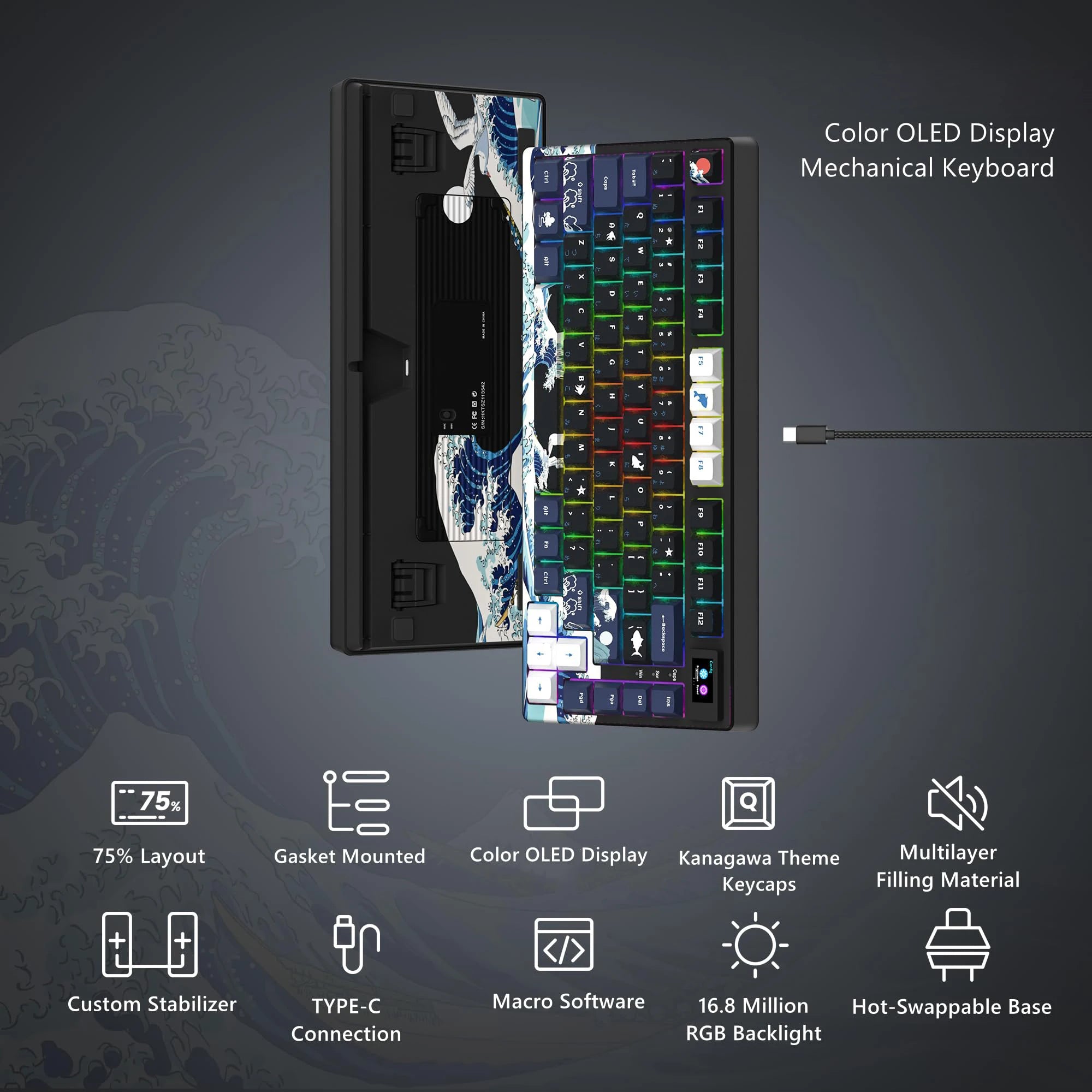 Wired Mechanical Gaming Keyboard with OLED Display, Fully Hot-Swappable Keys, and Pudding RGB Backlighting for PC and Laptop