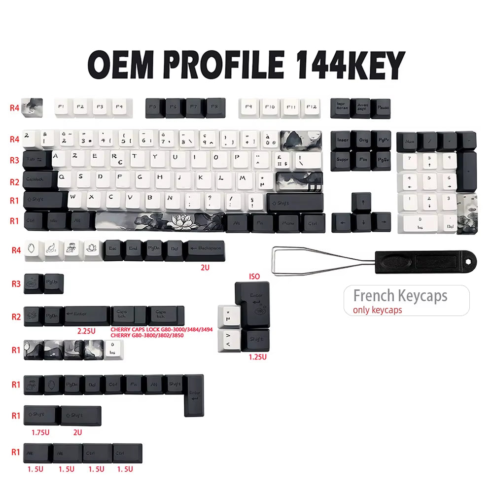German, French, and Spanish Ink Lotus PBT Keycaps - OEM Profile Dye Sublimation for GK61, RK61, 68, 980, 108 QWERTZ and AZERTY MX Keyboards