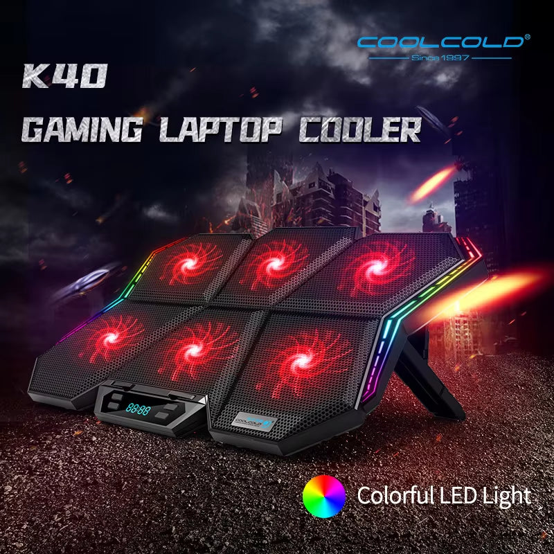 RGB Laptop Cooling Pad for 12-17 Inch Laptops with LED Display, Six Fans, and Dual USB Ports