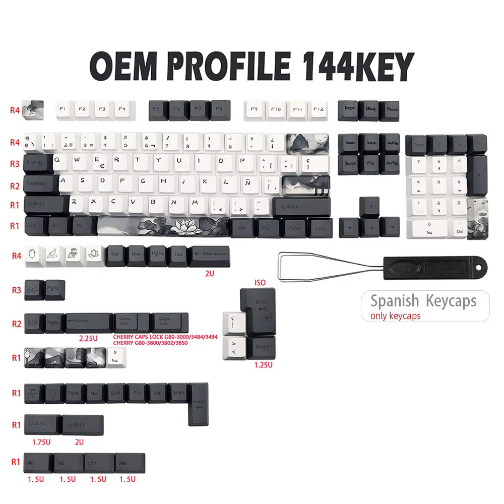 German, French, and Spanish Ink Lotus PBT Keycaps - OEM Profile Dye Sublimation for GK61, RK61, 68, 980, 108 QWERTZ and AZERTY MX Keyboards